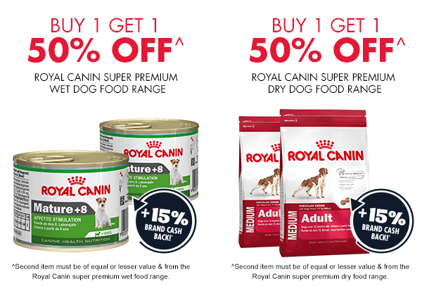Buy 1 get 1 50% Off Royal Canin Dog food range